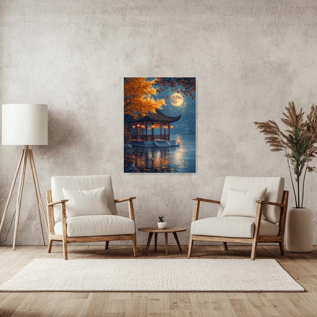 Custom Chinese Pavilion Canvas Print with Moonlight Reflections and Autumn Colors for Home Decor Wall Art