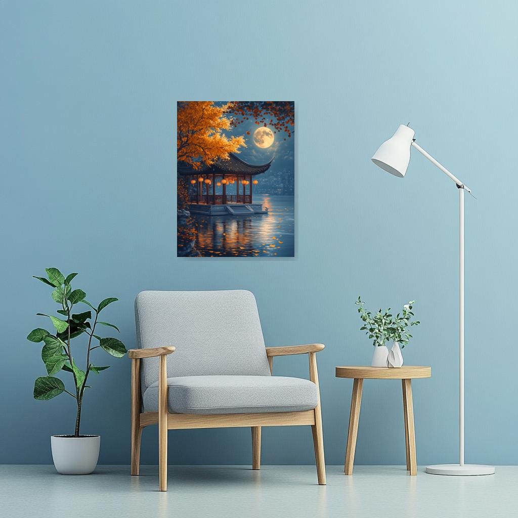 Custom Chinese Pavilion Canvas Print with Moonlight Reflections and Autumn Colors for Home Decor Wall Art