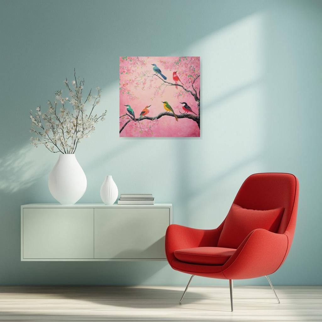 Colorful Bird Wall Art Canvas Print Inspired by Impressionist Style with Pink Blossoms Home Decor Digital Download