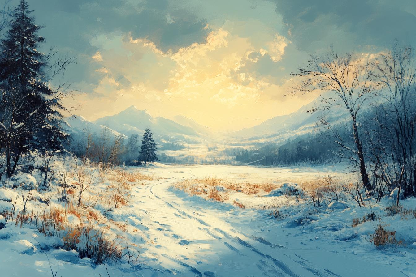 Winter Landscape Canvas Print Inspired by Bob Ross with Serene Snowy Mountains and Soft Warm Lighting Wall Art