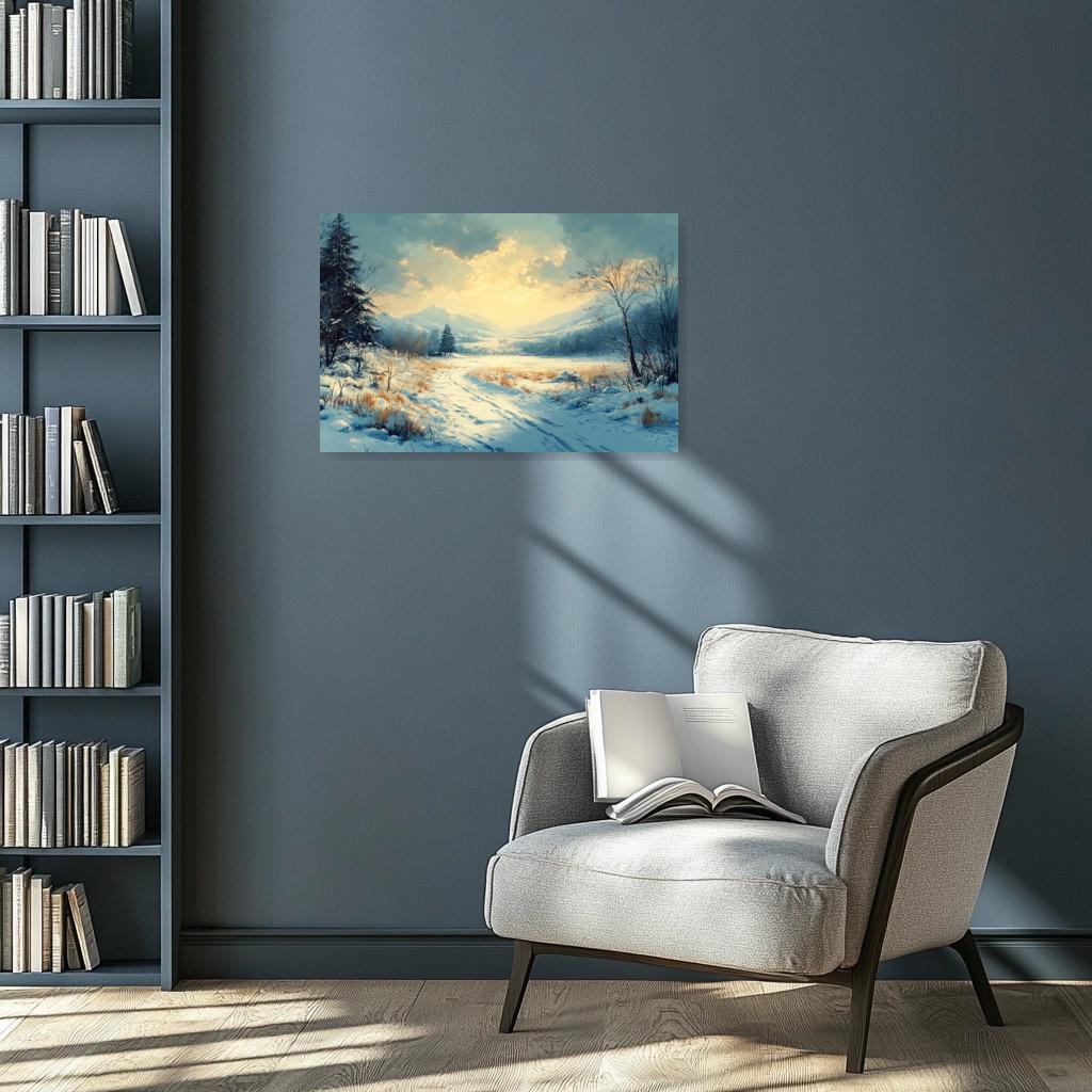 Winter Landscape Canvas Print Inspired by Bob Ross with Serene Snowy Mountains and Soft Warm Lighting Wall Art