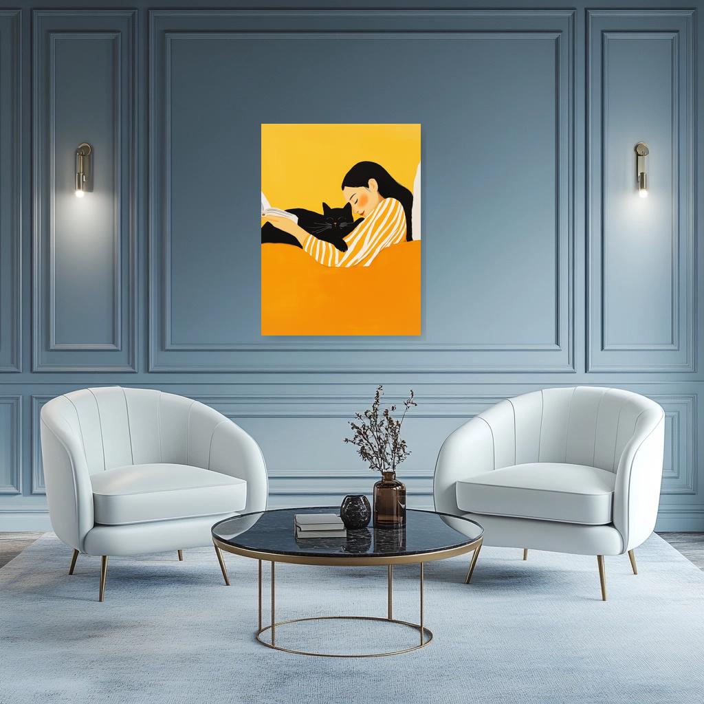 Cozy Cat Companionship Wall Art in Gentle Yellow Tones Inspired by Alex Katz Canvas Print | Original | 24x36" | Stretched Canvas