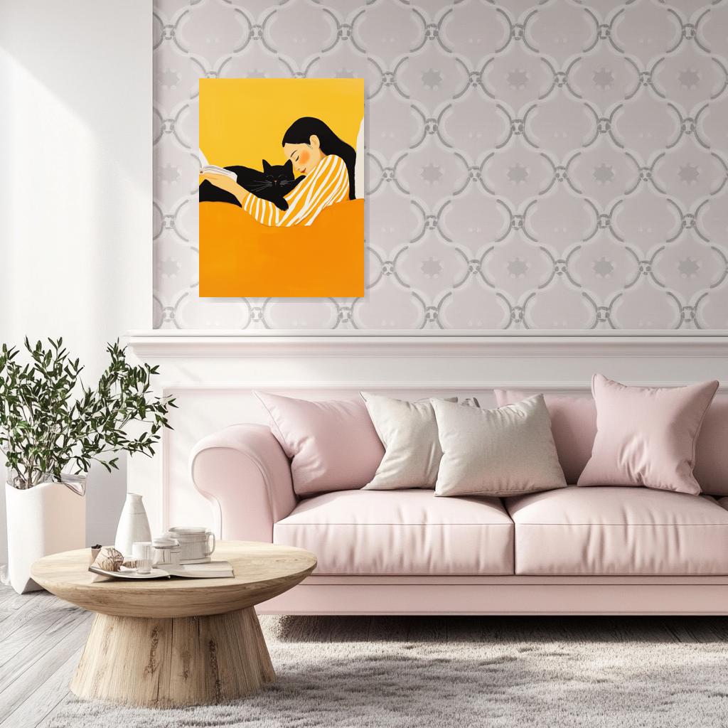 Cozy Cat Companionship Wall Art in Gentle Yellow Tones Inspired by Alex Katz Canvas Print | Original | 24x36" | Stretched Canvas