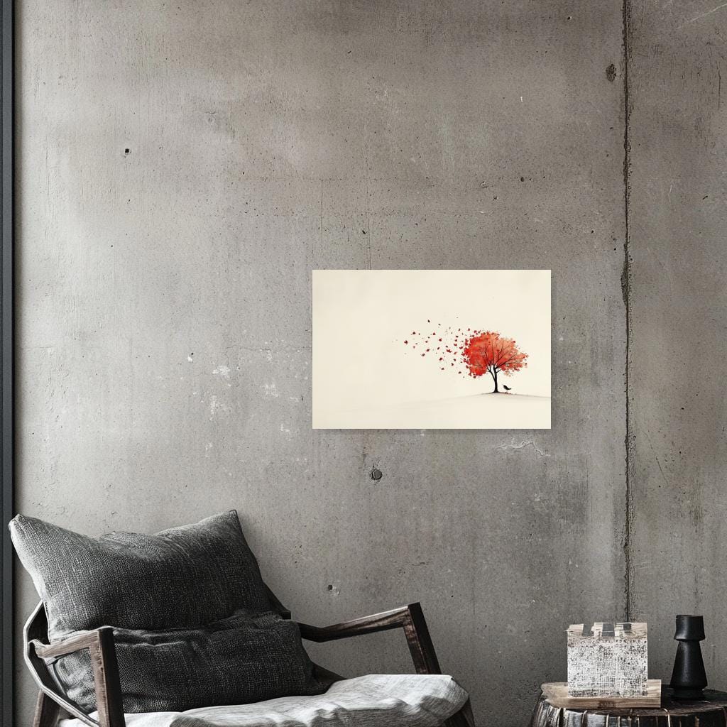 Custom Canvas Print Autumn Tree in Red with Falling Leaves Inspired by Van Gogh Unique Home Decor Wall Art