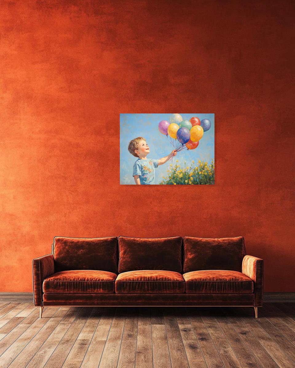 Cheerful Canvas Print of a Joyful Boy Holding Colorful Balloons in Impressionist Style Art for Home Decor