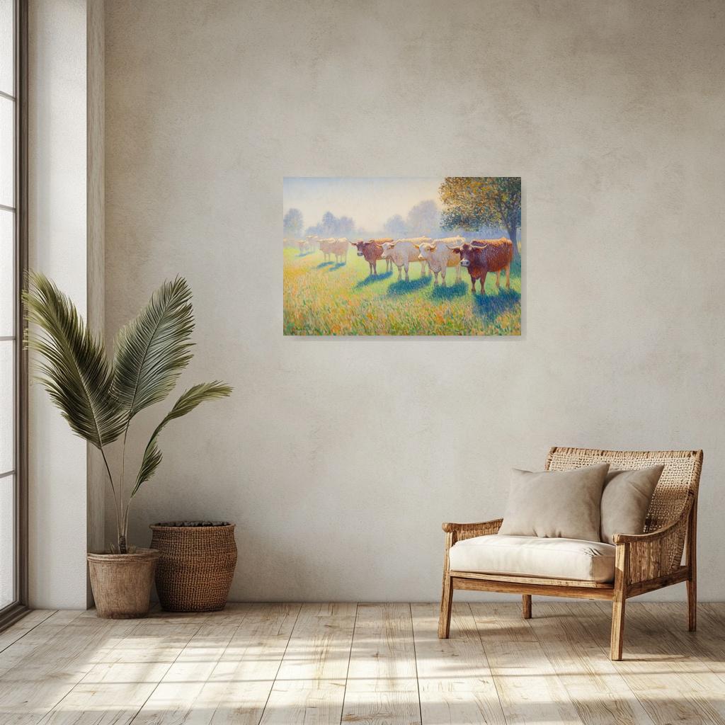 Pastoral Cows Farmhouse Canvas Print Vintage Impressionist Style Landscapes Home Decor Art