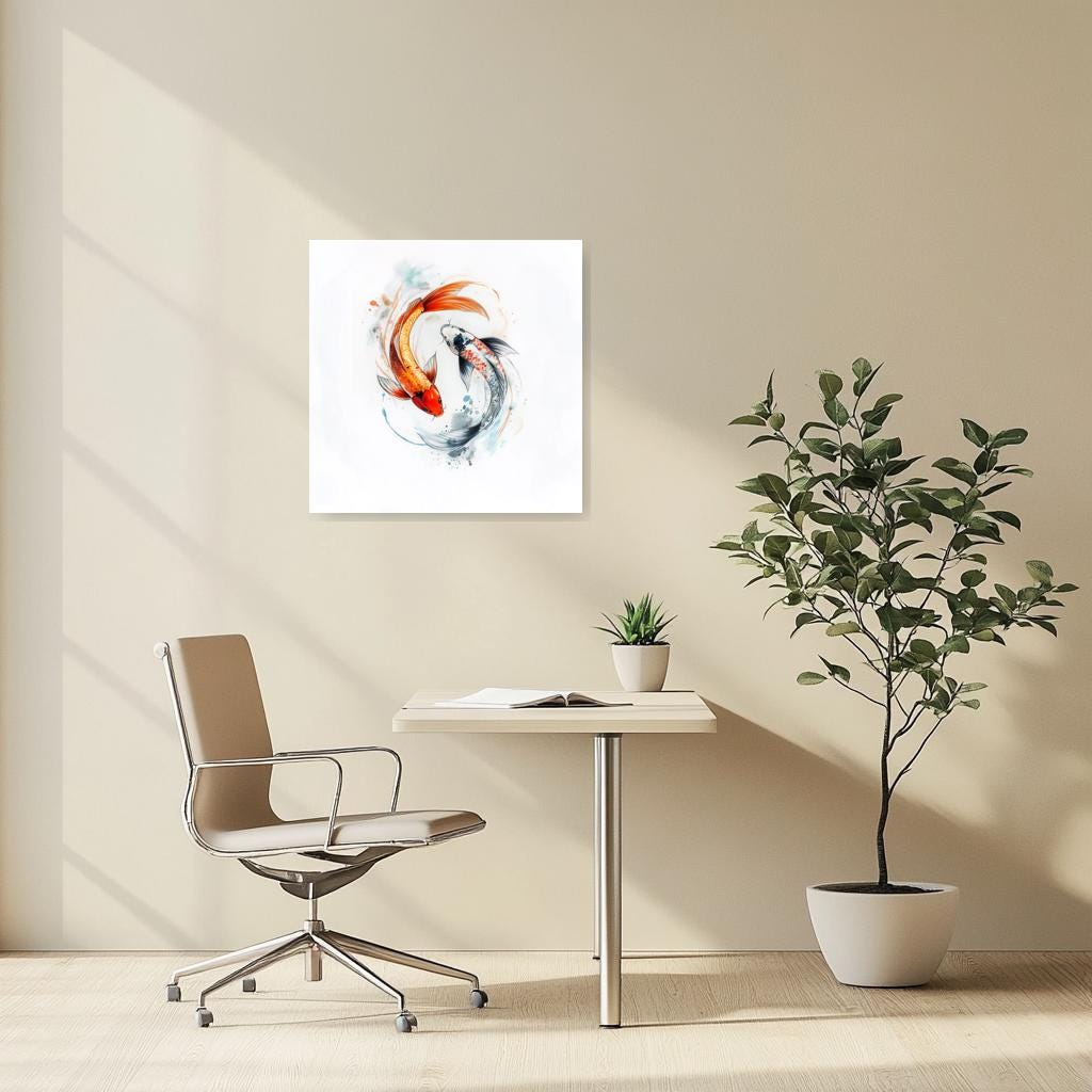 Koi Fish Canvas Print Watercolor Art Home Decor Wall Art in the Style of Japanese Ink Painting with Vibrant Orange and Blue Accents