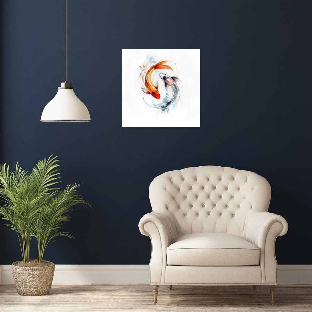 Koi Fish Canvas Print Watercolor Art Home Decor Wall Art in the Style of Japanese Ink Painting with Vibrant Orange and Blue Accents