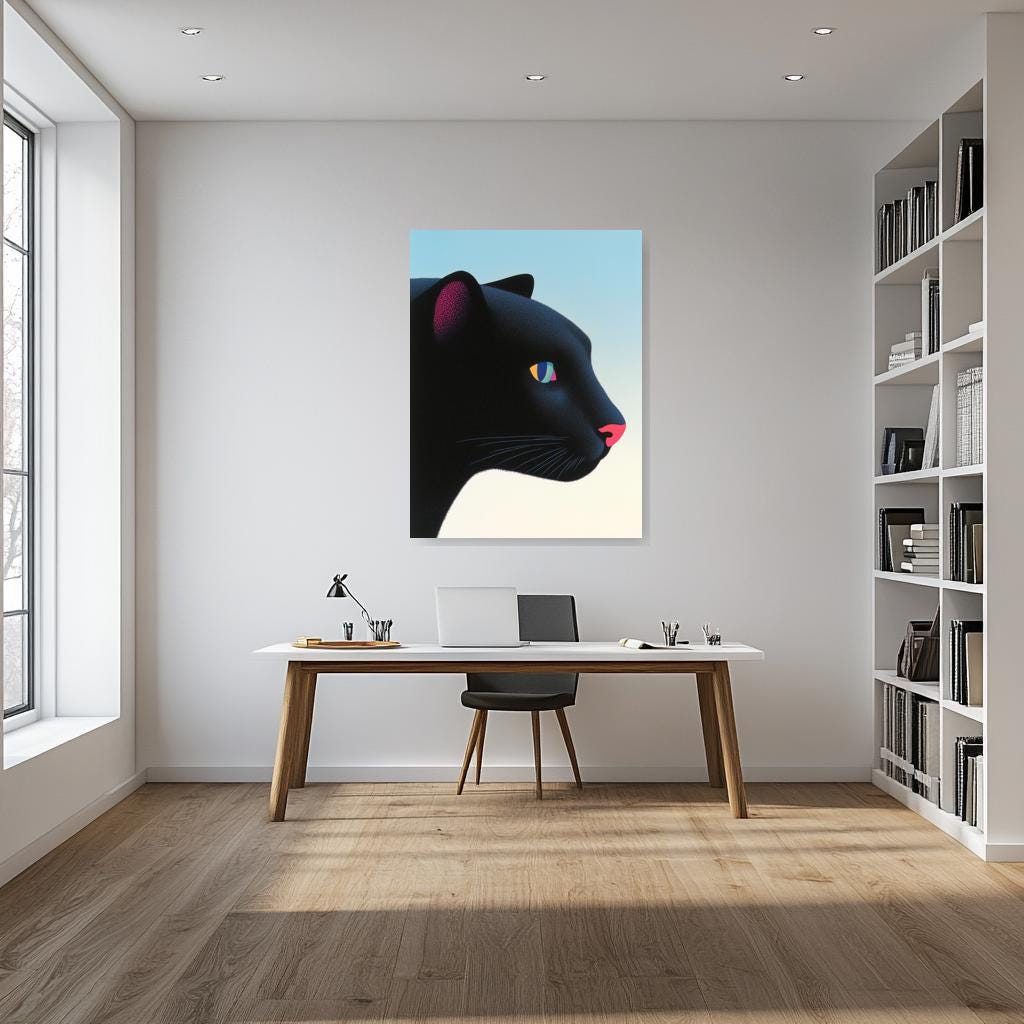 Bold Canvas Print of Black Panther Profile Art Inspired by George Rodrigue with Colorful Details for Home Decor