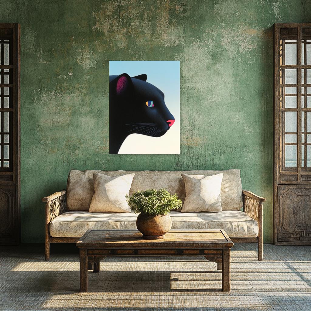 Bold Canvas Print of Black Panther Profile Art Inspired by George Rodrigue with Colorful Details for Home Decor