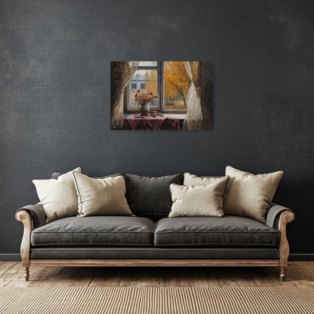 Autumn Window View Canvas Print Inspired by Claude Monet with Floral Arrangement and Warm Earthy Tones Home Decor