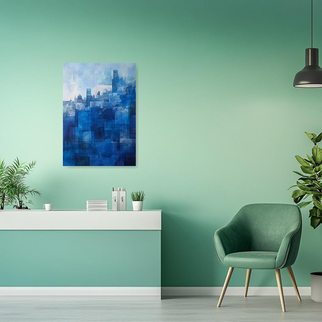 Sophisticated Blue Abstract Cityscape Canvas Print Inspired by Wassily Kandinsky for Modern Home Decor