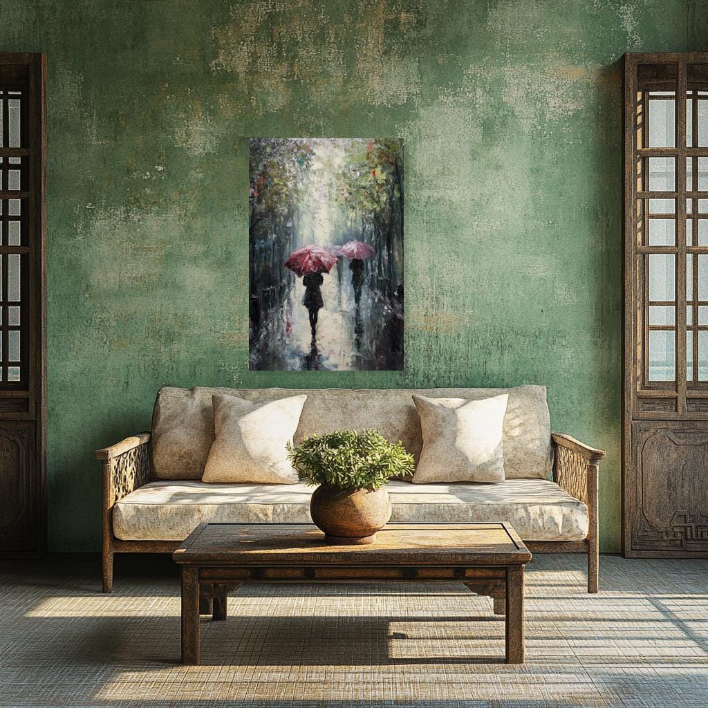 Custom Canvas Print Inspired by Impressionist Art with Red Umbrellas and Reflections for Home Decor