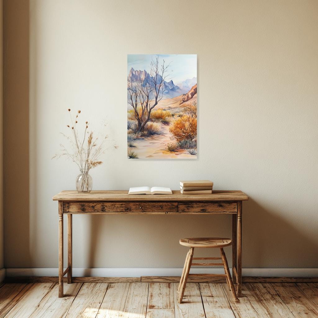 Original Watercolor Desert Landscape Canvas Print Inspired by Georgia O'Keeffe for Home Decor and Wall Art