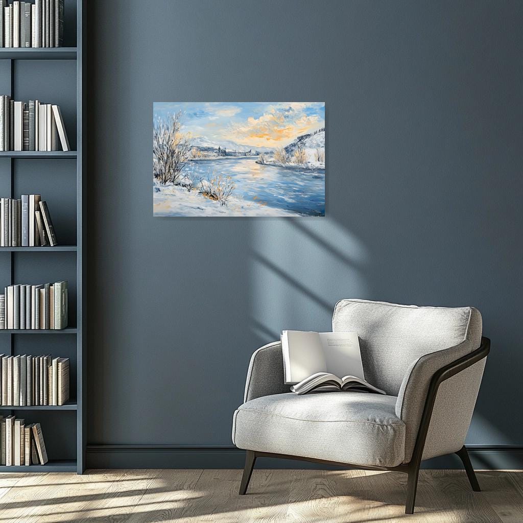 Serene Winter Landscape Canvas Print in the Style of Claude Monet with Soft Blues and Golden Hues for Home Decor
