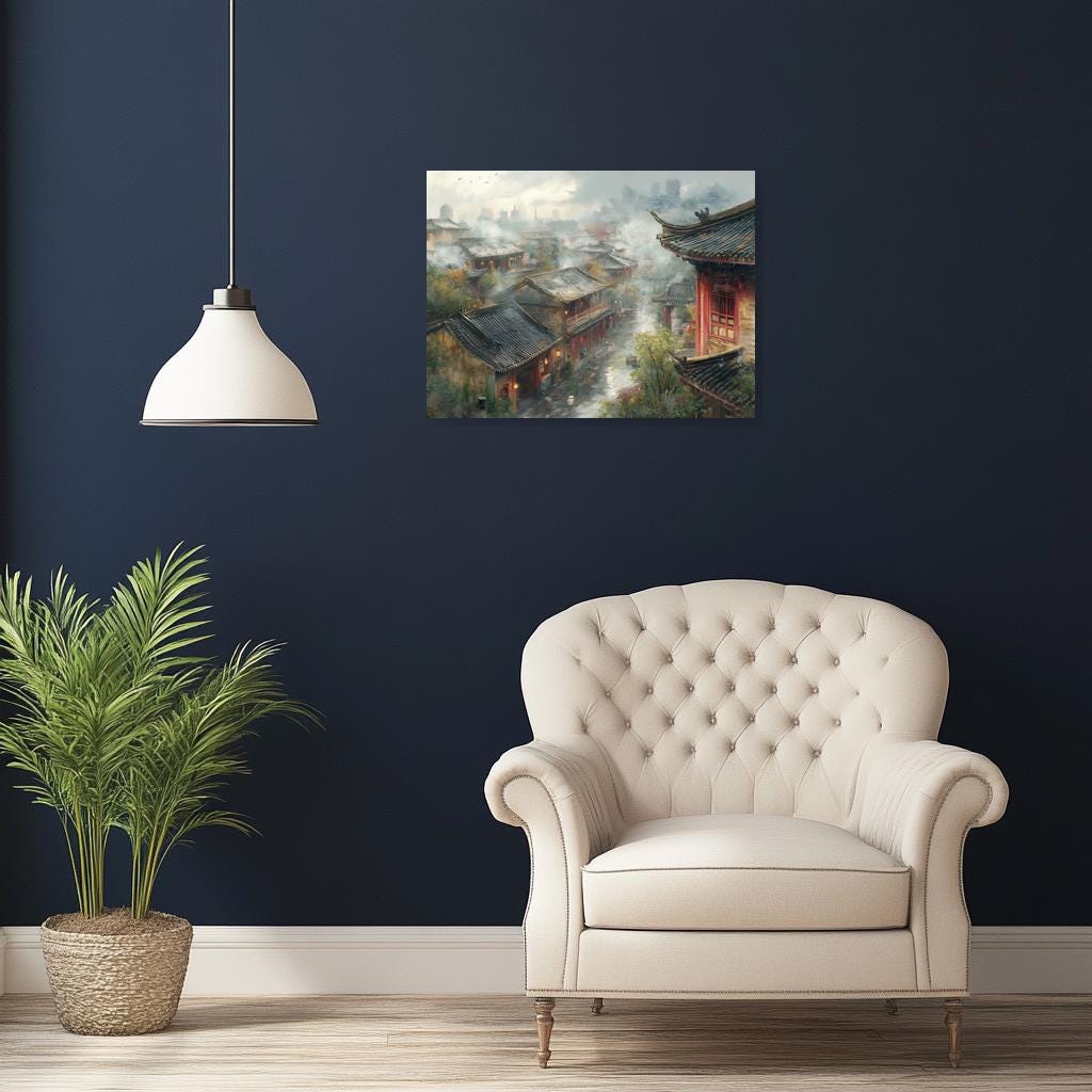 Mist-Covered Ancient Village Canvas Print in the Style of Chinese Landscape Art for Home Decor and Wall Art