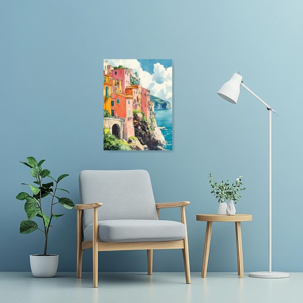 Coastal Charm Inspired by Matisse Custom Canvas Print Wall Art Colorful Village Ocean View Home Decor