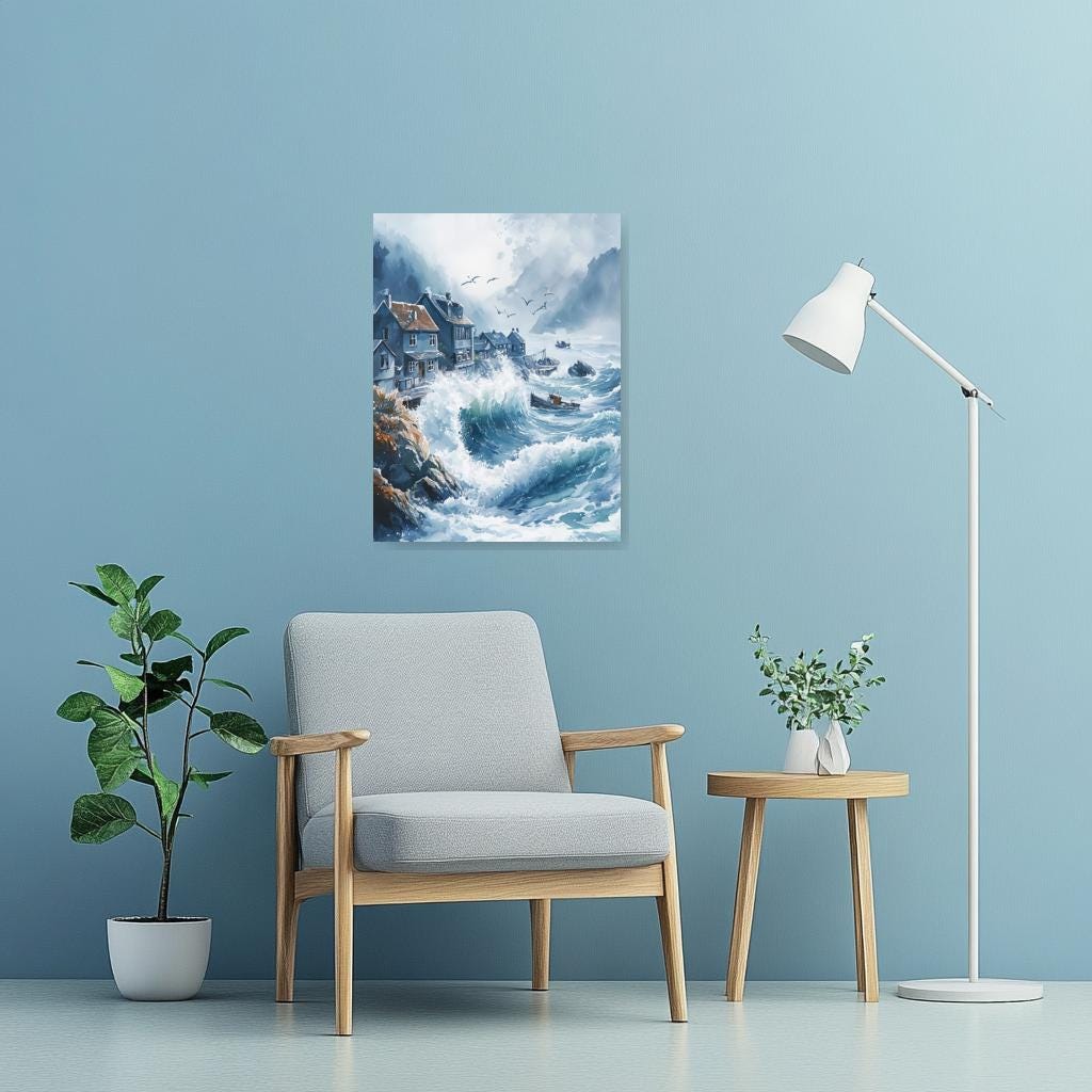 Canvas Print of Serene Coastal Waves in Watercolor Style Inspired by Thomas Kinkade for Home Decor and Wall Art
