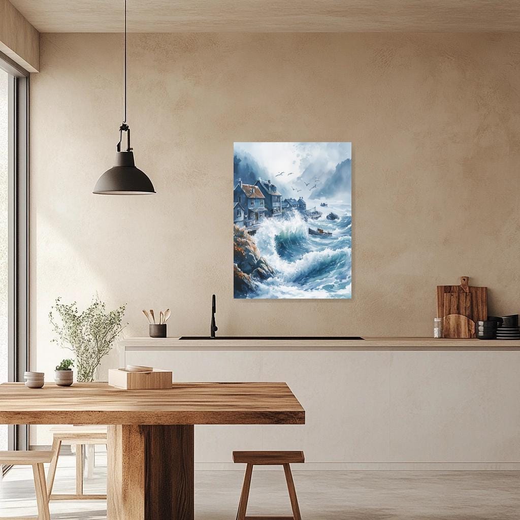 Canvas Print of Serene Coastal Waves in Watercolor Style Inspired by Thomas Kinkade for Home Decor and Wall Art