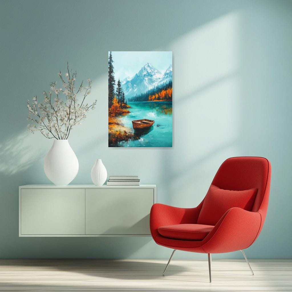 Serene Mountain Lake Canvas Print in the Style of Bob Ross Rustic Scenery Watercolor Landscape Home Decor Wall Art