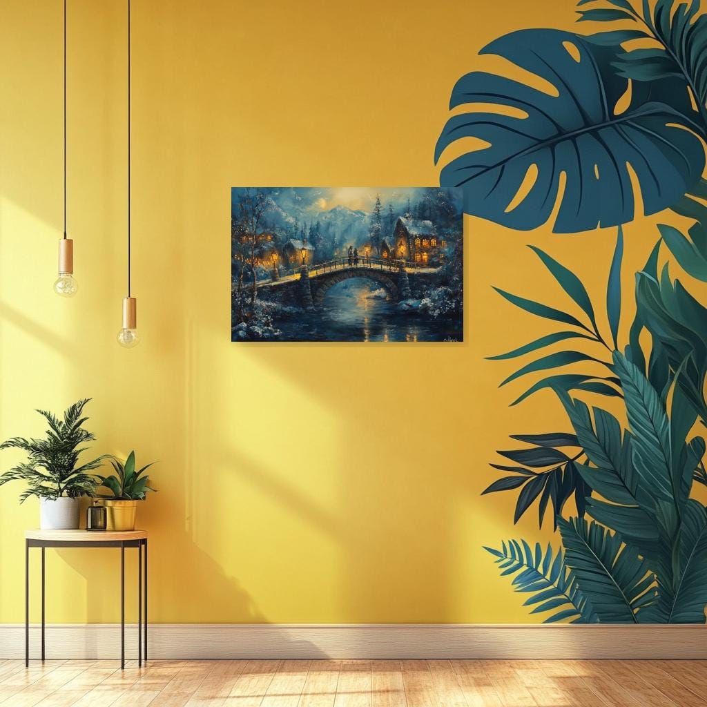 Winter Bridge Canvas Print Inspired by Impressionist Art with Cozy Snowy Scene and Warm Lantern Lights for Home Decor