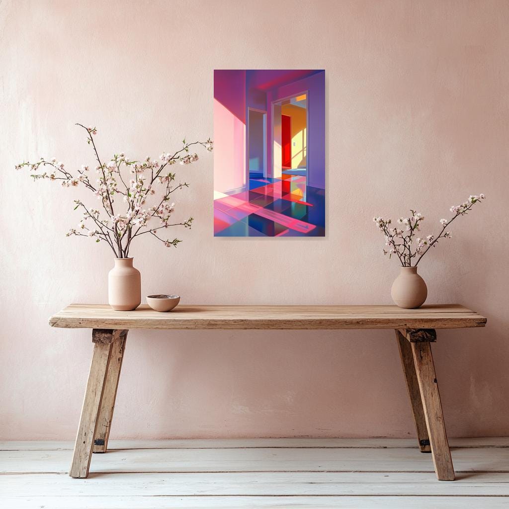 Contemporary Interior Canvas Art Print Inspired by Modernist Artists with Vivid Colors and Dynamic Light Play