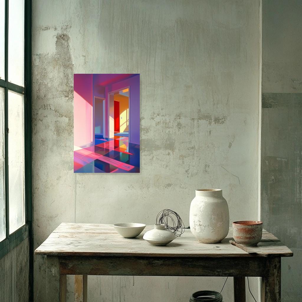 Contemporary Interior Canvas Art Print Inspired by Modernist Artists with Vivid Colors and Dynamic Light Play