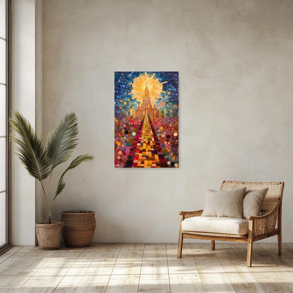 Mosaic Pathway to Light Canvas Print Inspired by Klimt with Colorful Abstract Shapes and Vibrant Sunlight for Home Decor