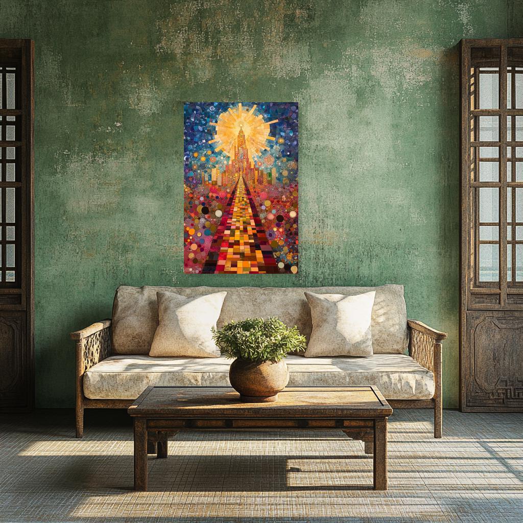 Mosaic Pathway to Light Canvas Print Inspired by Klimt with Colorful Abstract Shapes and Vibrant Sunlight for Home Decor