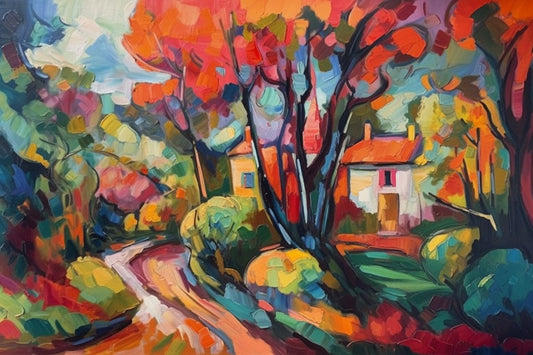 House in the Woods with Orange Tree - Fauvism Canvas Digital Print with Brilliant Colors | Digital Print | Download