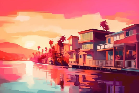 Pop Art Street Scene - Houses on the Water with Sunset at the Horizon | Digital Canvas | Download | Painting | Wall Art