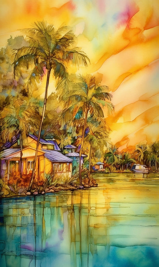 Vivid Watercolor of Key West Home and Palm Trees over Placid Waters | Canvas Print | Original Art