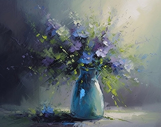 Martin Rak style canvas | Romantic and Dreamy: An Oil Painting of Blue Flowers in a Vase