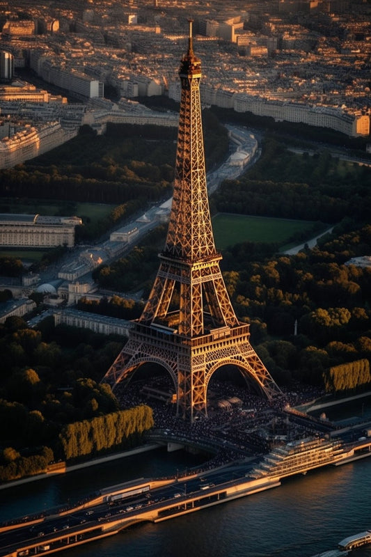 Golden Hour Above the Eiffel Tower: High Resolution Aerial Photograph