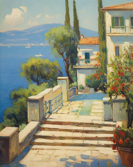 Mediterranean Bliss: An Original Impressionist Landscape in the Style of Colin Campbell Cooper | Classic Canvas | Original Art | Artwork