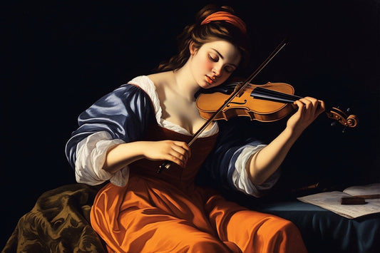 Baroque Beauty: Original Artemisia Gentileschi Style Portrait of Young Woman Playing Violin | Custom Wall Art | Oil Painting | Digital