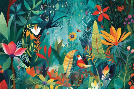 Vibrant Jungle: A Playful Nature-Inspired Canvas by Ieva Baklane | Nursery Wall Art | Green Fun Collage | Baby’s Room  | Birds