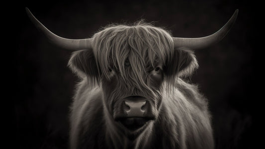 Monochromatic Majesty: A Highland Cow Portrait by Jim Lively