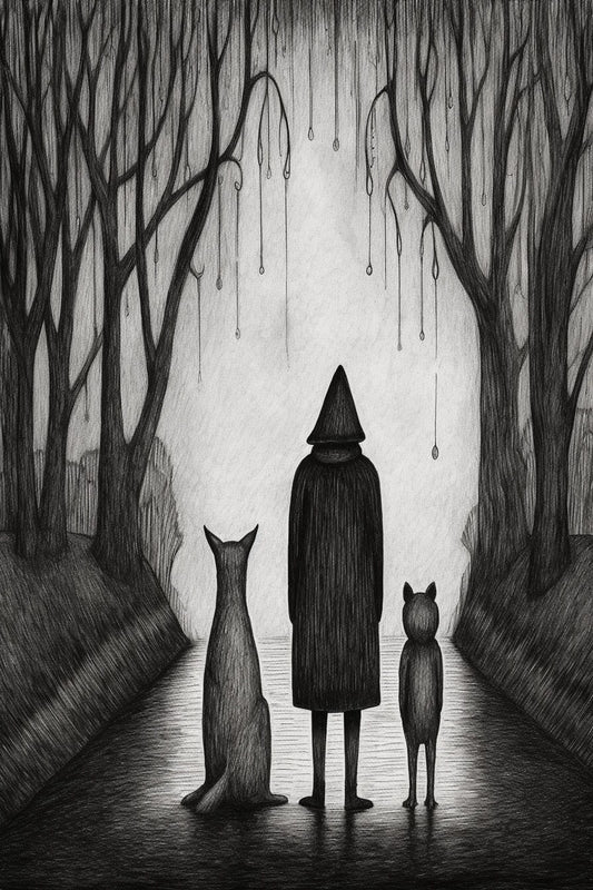 Edward Gorey Styled Original Artwork - Three Figures in a Haunting Landscape: Dark, Modern Art Print  | Digital | Wall Art | Minimal