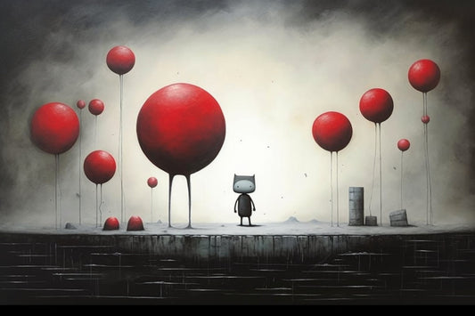 Doug Hyde Styled Quirky Little Character and the Red Balloon Creature | An Original Work of Art | Digital Art | Print | Download Wall Art