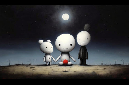 Doug Hyde Inspired 3 Little Creatures & Red Balloon Dancing in the Moonlight | An Original Work of Art | Digital | Print | Download Wall Art