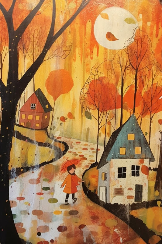 Dreamy Autumn: A Fantasy Watercolor Scene Inspired by Ieva Baklane | Custom Wall Art | Orange Captivating Painting | Collage Mosaic | Autumn