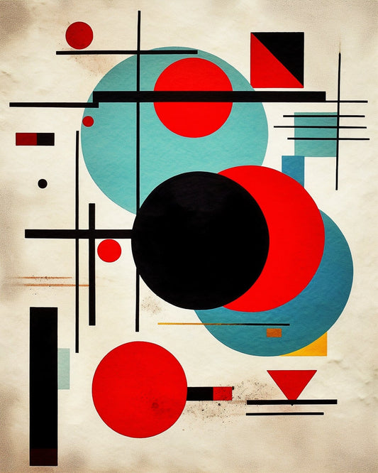 Mechanized Forms Meet Modern Art in Red / Turquoise: Abstract Art Nouveau Prints Original Modern Abstract with bold colors & Minimal Layout