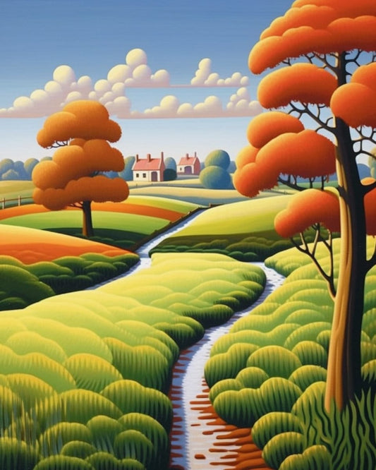 Paul Corfield Inspired Stream Through Green Fields and Bright Orange Trees Artwork | Digital Download | Wall Art | Custom Canvas Curators