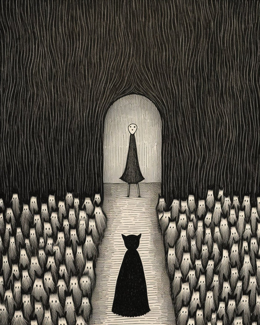 Cat in the Castle: An Illustration in Edward Gorey Style Artwork | Digital Print | Download Art | Wall Art | Cats + Ghosts | Dark and Spooky