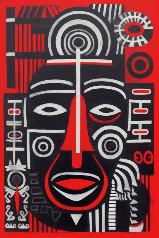 Brutal Intimacy in Red: A Totemic Painting of Black Figures and Circles | Digital Artwork | Canvas Print | Wall Art to Make a Statement