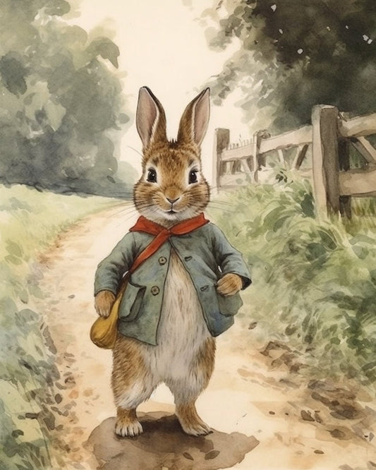 Beatrix Potter Inspired Illustration: Little Bunny's Journey | Nursery Wall Art | Classic Story Watercolor | Baby’s Room Painting