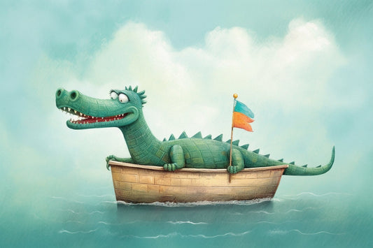 Smiling Gator in a Boat - Inspired by Oliver Jeffers Art Print | Nursery Wall Art | Alligator Explorer | Fun Collage | Baby’s Room