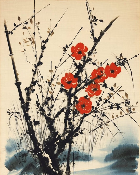 Qi Baishi inspired Bamboo and red flowers - A Traditional Design | Blossoms | Download Digital | Black Ink | Oriental Art | Asian Artwork