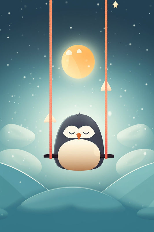 Swinging on the Moon: Dreamy Penguin 2D Art Print | Nursery Wall Art | Blue Clouds Fun Collage | Baby’s Room